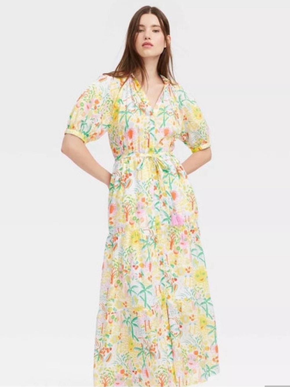 Roller Rabbit xTarget Floral Print Yellow Maxi Shirt Dress with Tie Waist